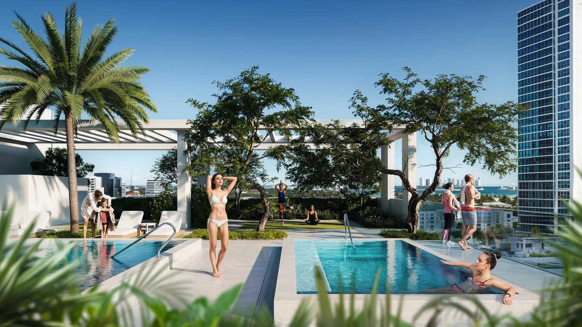 The VIDA rooftop pool at dusk
