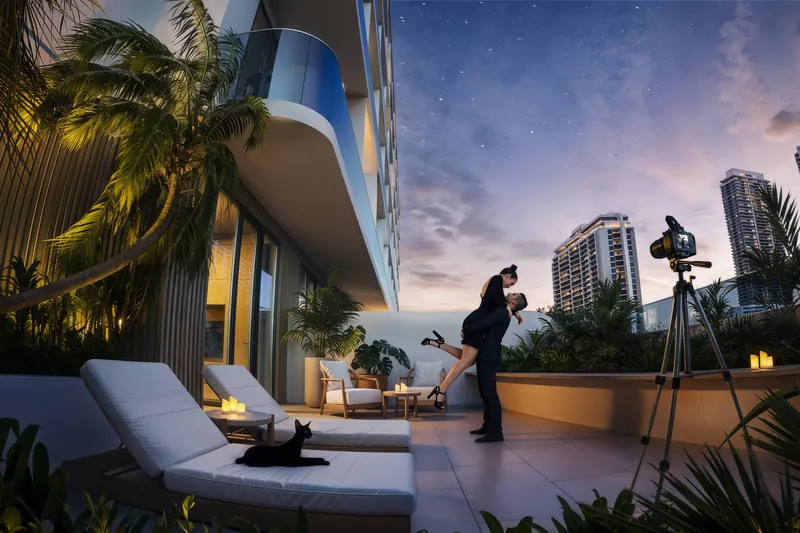 The Miami skyline at night from a VIDA terrace