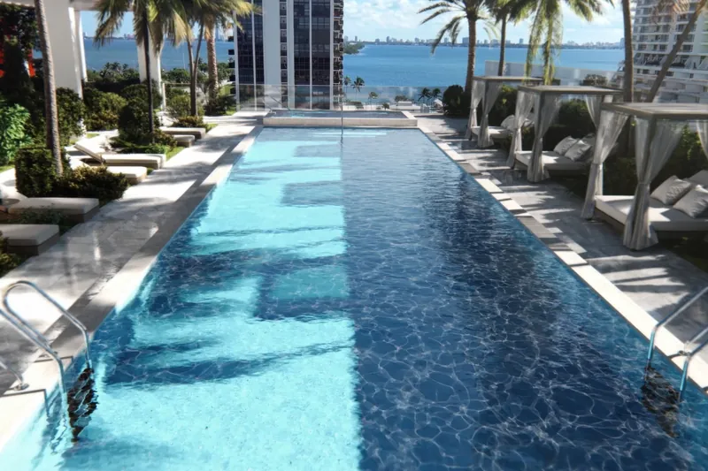The rooftop pool deck at VIDA at dusk