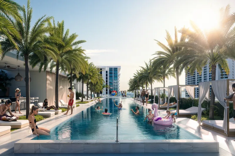 The rooftop pool and view at VIDA in the evening