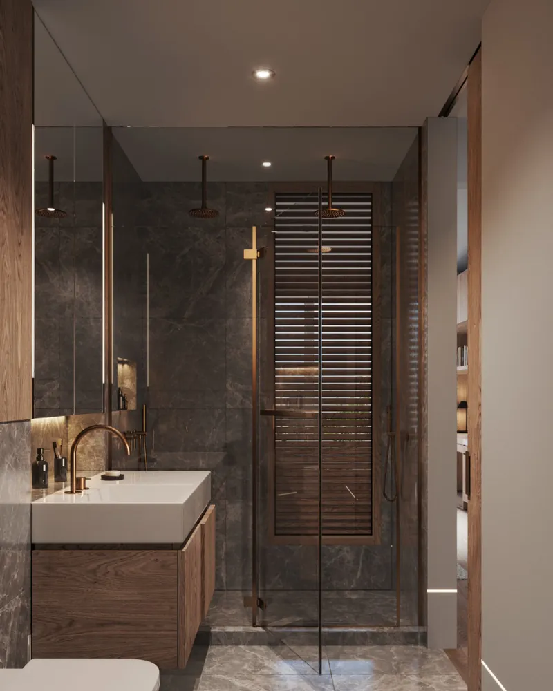 A softly lit bathroom vanity at VIDA
