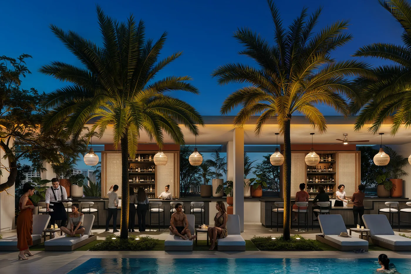 The rooftop bar concept area at VIDA at sunset