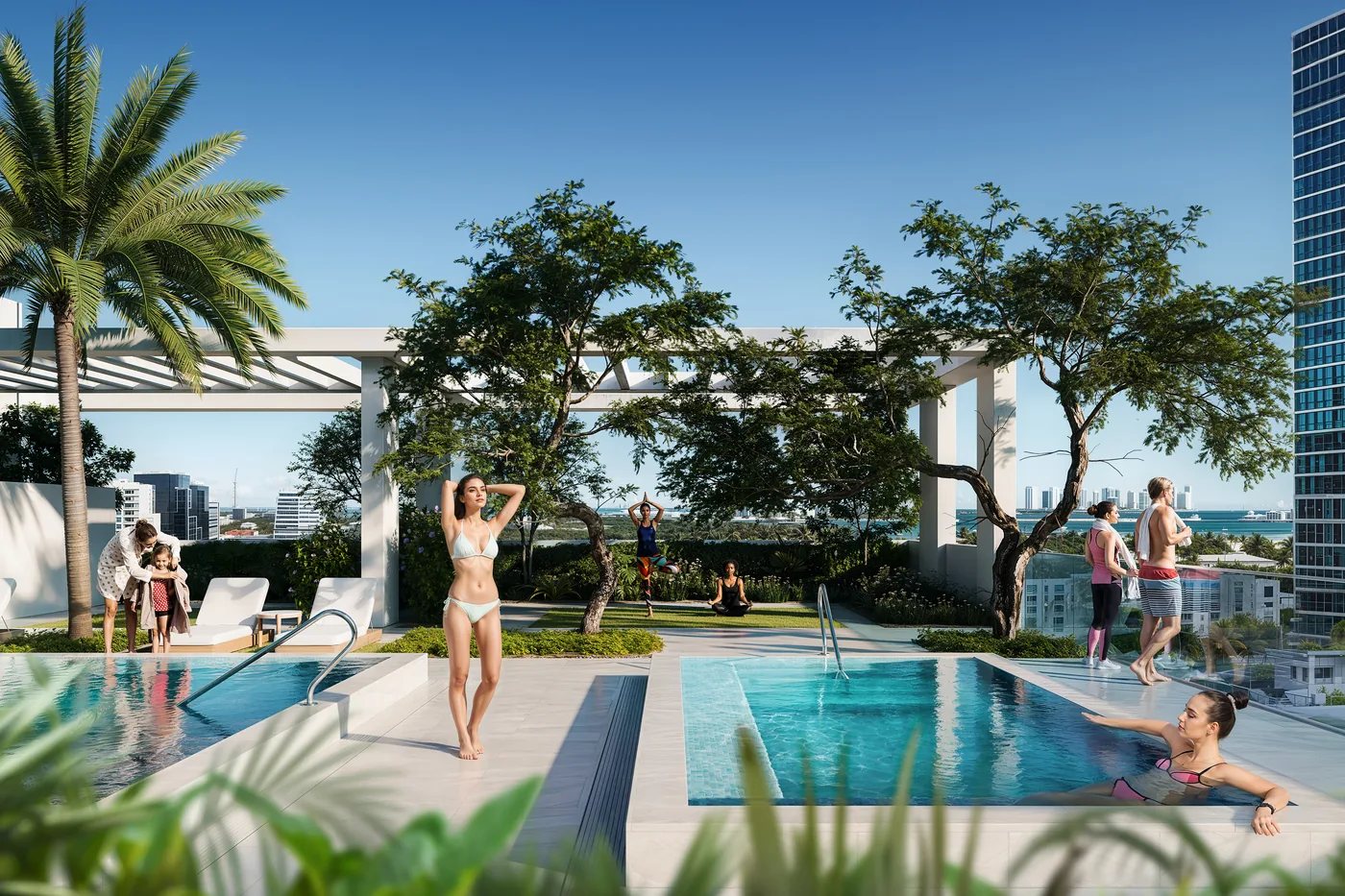 The rooftop pool at VIDA with the skyline beyond the waterline