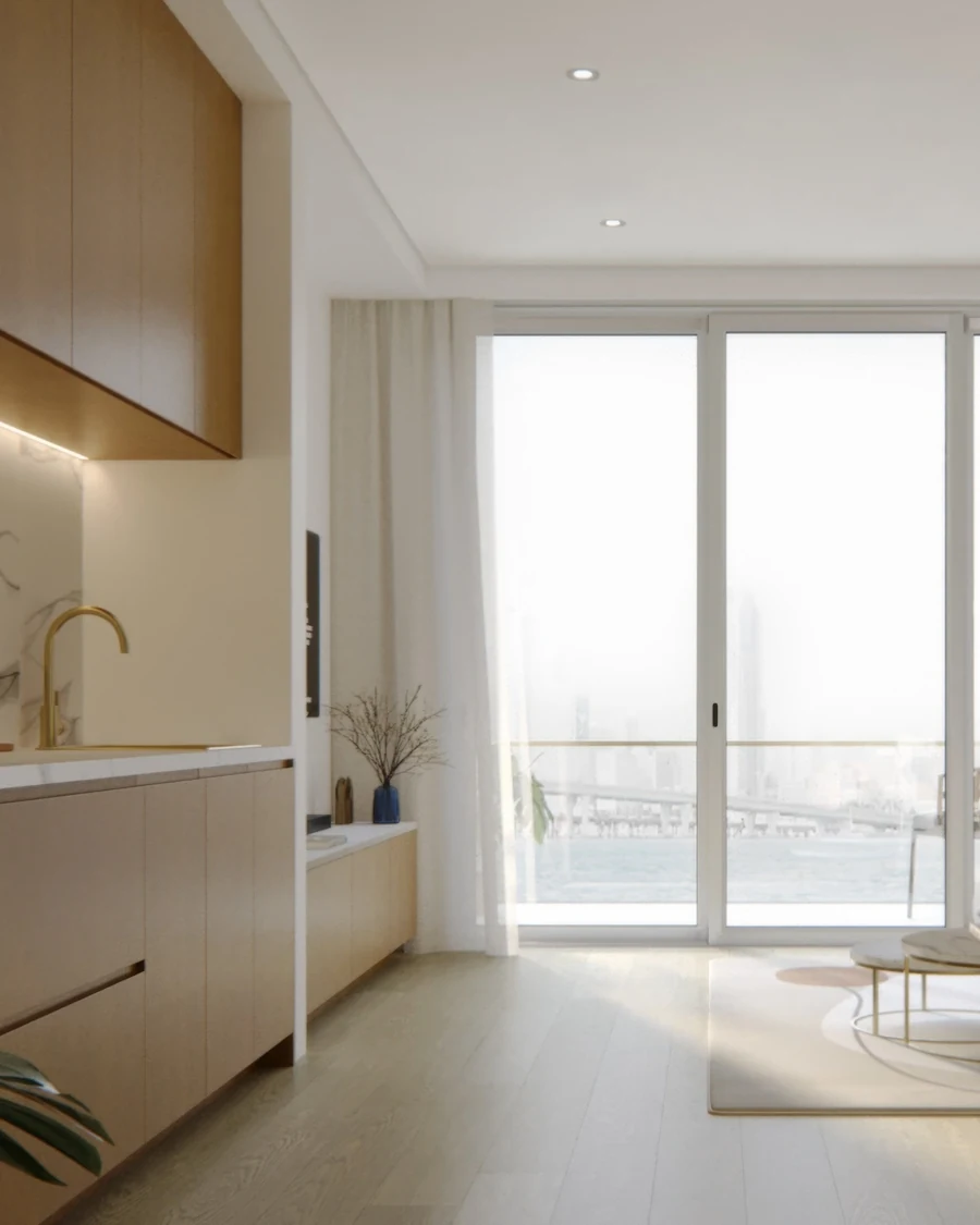A two-bedroom suite at VIDA with kitchen and living area